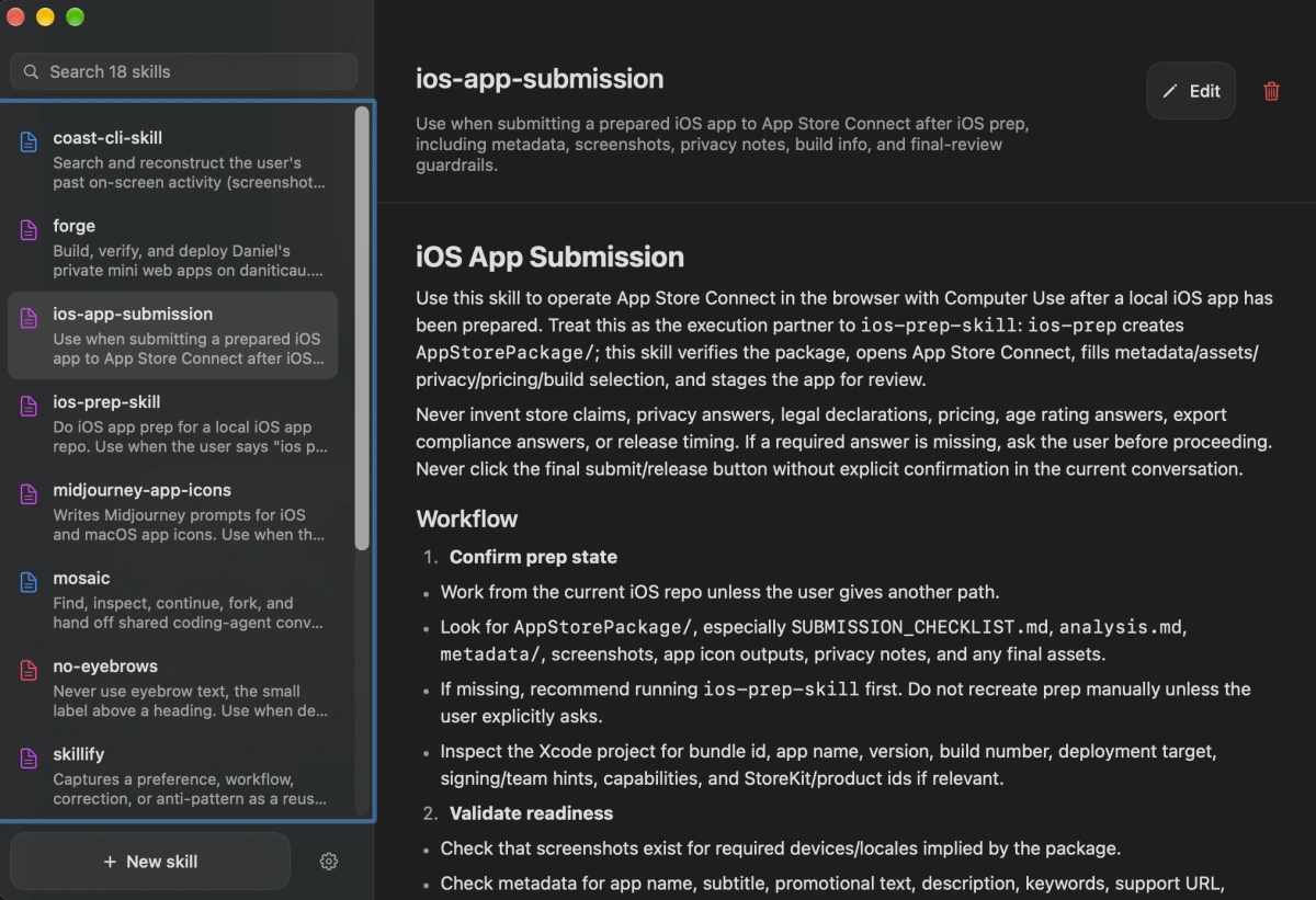 Skillset app showing its skill library and iOS app submission skill